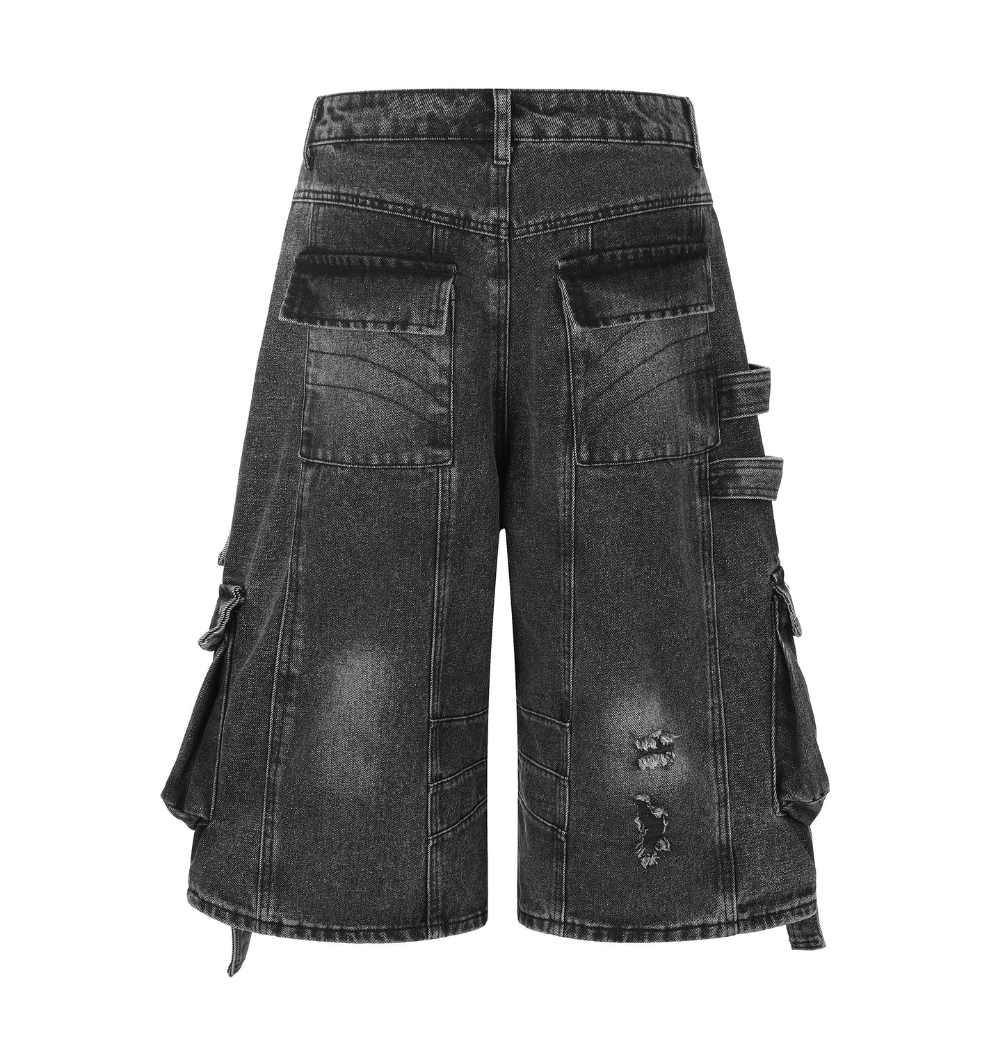 Women's Multi-Pocket Buckle Strap Denim Shorts - Black Skirt Style