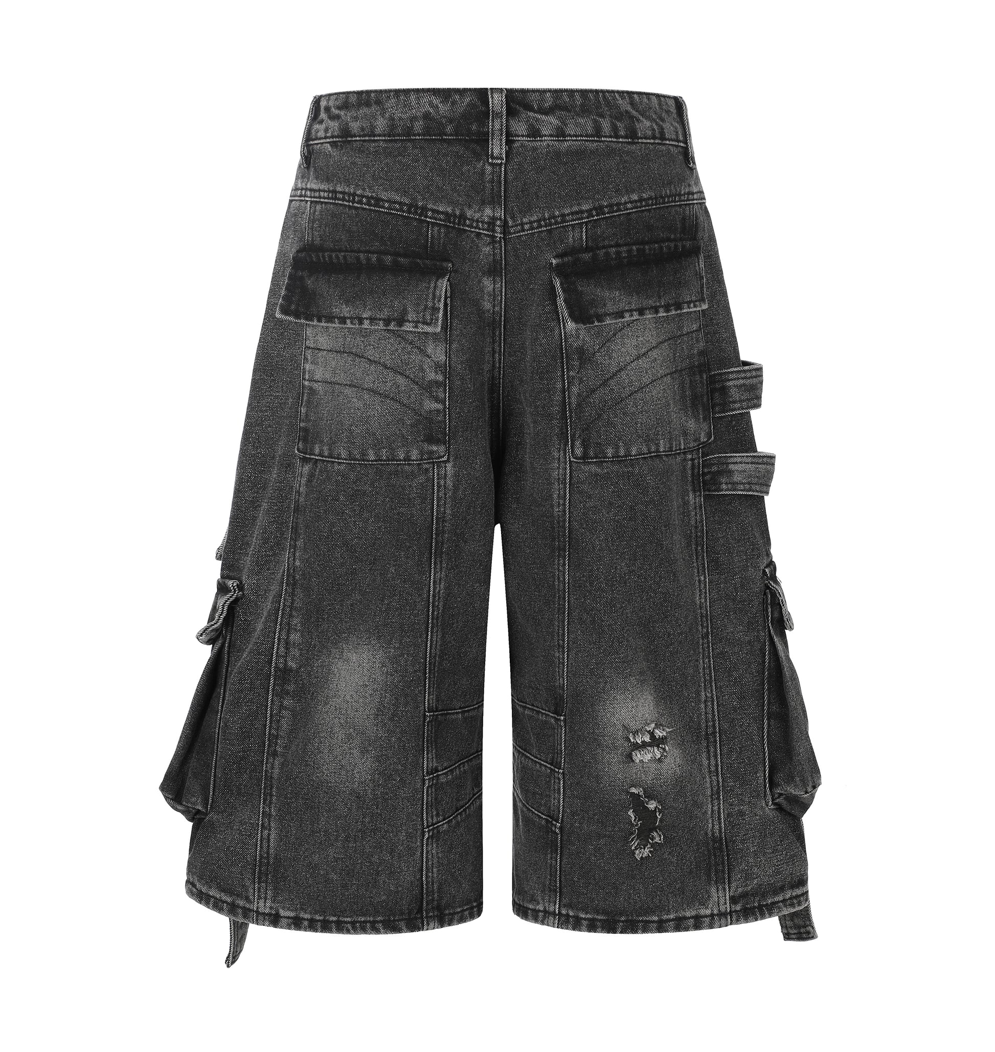 Women's Multi-Pocket Buckle Strap Denim Shorts - Black Skirt Style