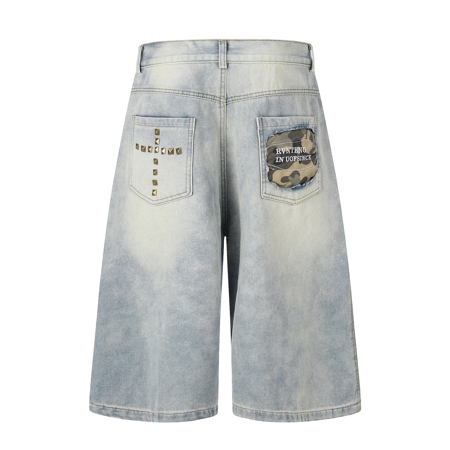 Women's Cross Rivet Camo Patch Wide Leg Denim Shorts - Blue Back View 2