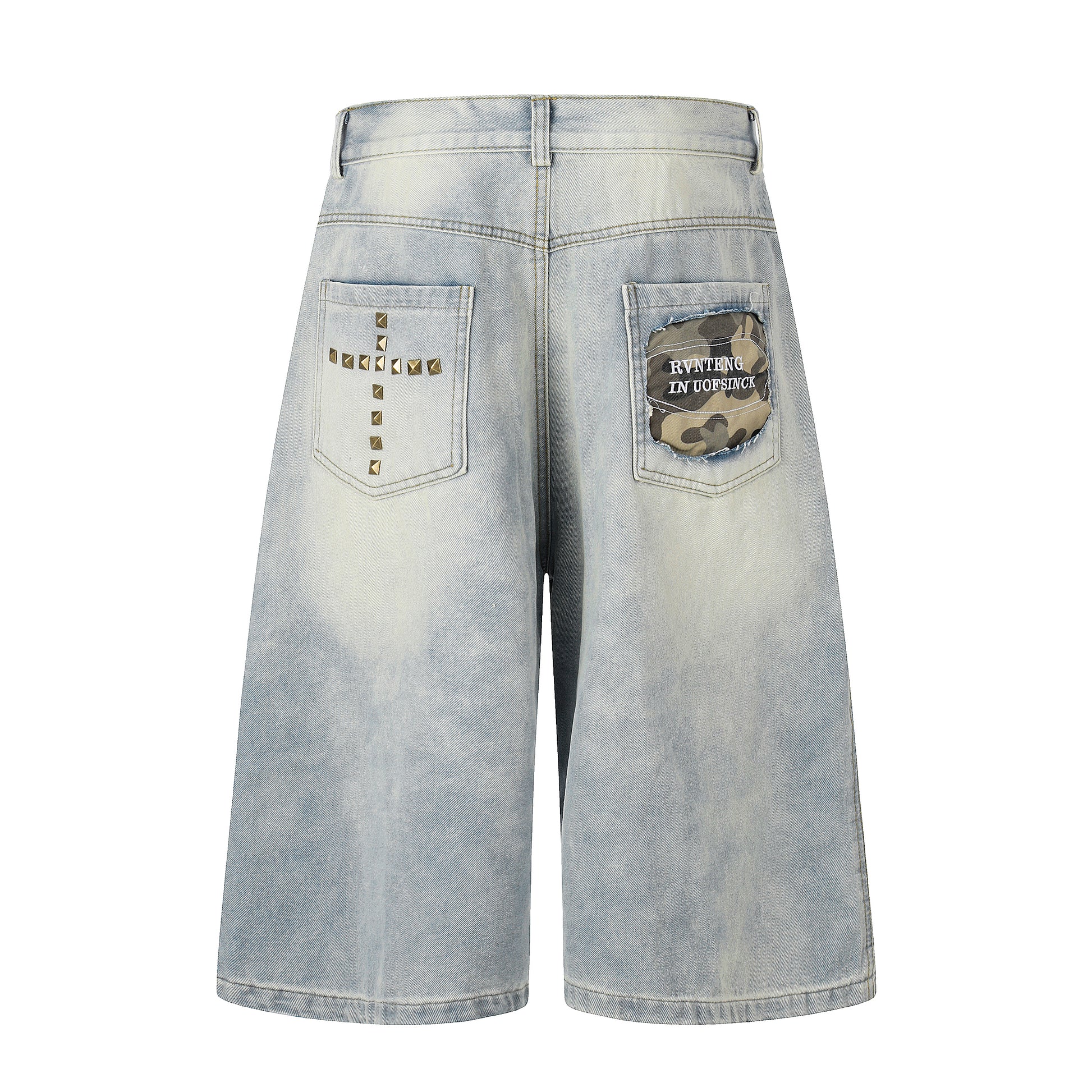Women's Cross Rivet Camo Patch Wide Leg Denim Shorts - Blue Back View 2