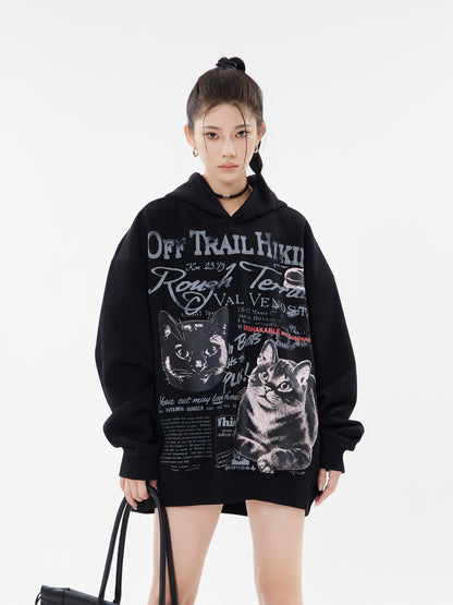 Off Trail Hiking Rough Terrain Dual Cat Newspaper Graphic Oversized Hoodie Streetwear Y2K Sweatshirt