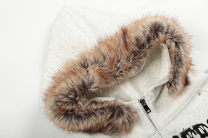 Anime Graphic Faux Fur Collar Zip Hoodie Jacket Studded Streetwear Y2K Grunge Winter Coat