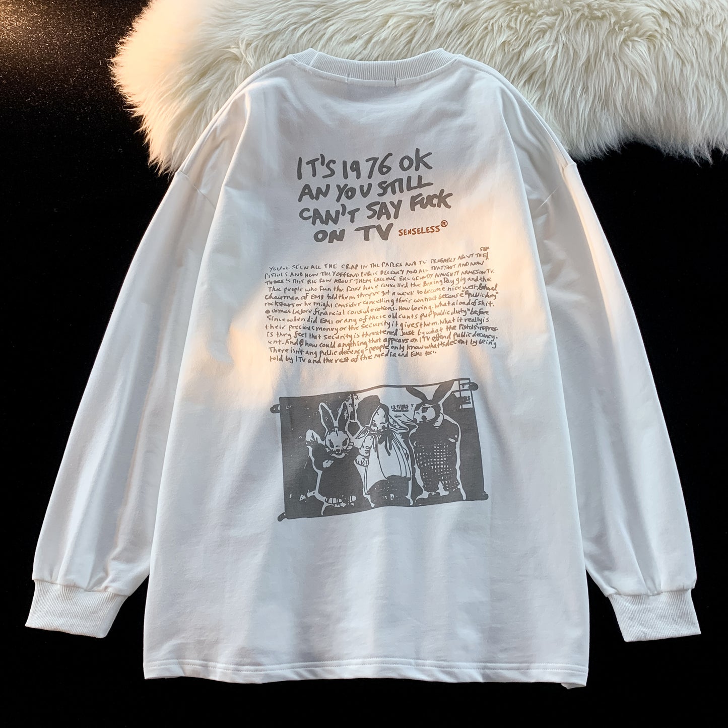 Senseless 1976 Punk Slogan Graphic Oversized Tee Grunge Rabbit Print Streetwear Short Sleeve T-Shirt