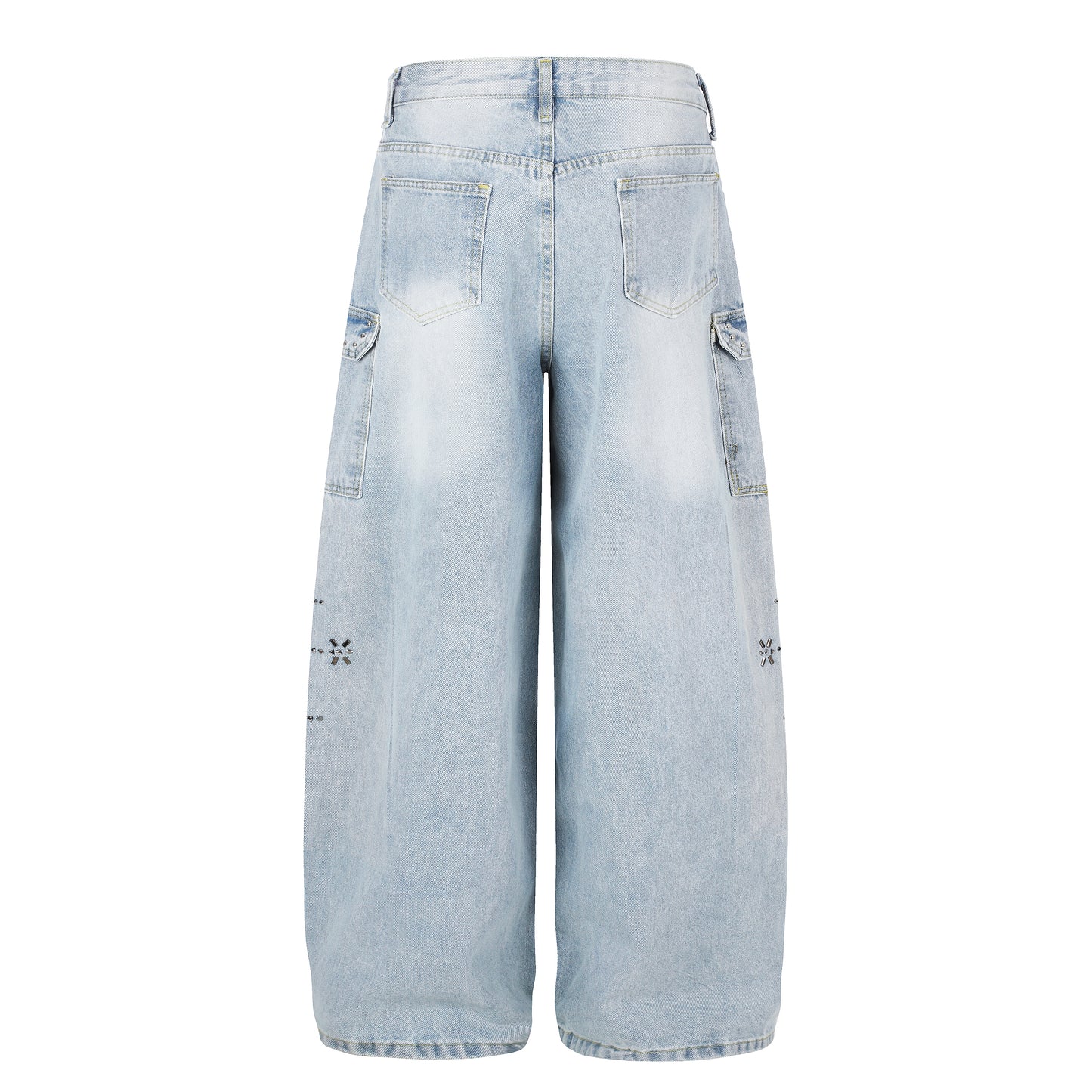 Women's Lace Trim Rhinestone Floral Cargo Wide Leg Jeans High Waist Light Wash Casual Streetwear Denim Pants