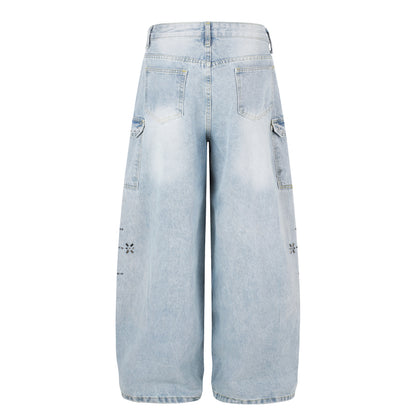 Women's Lace Trim Rhinestone Floral Cargo Wide Leg Jeans High Waist Light Wash Casual Streetwear Denim Pants