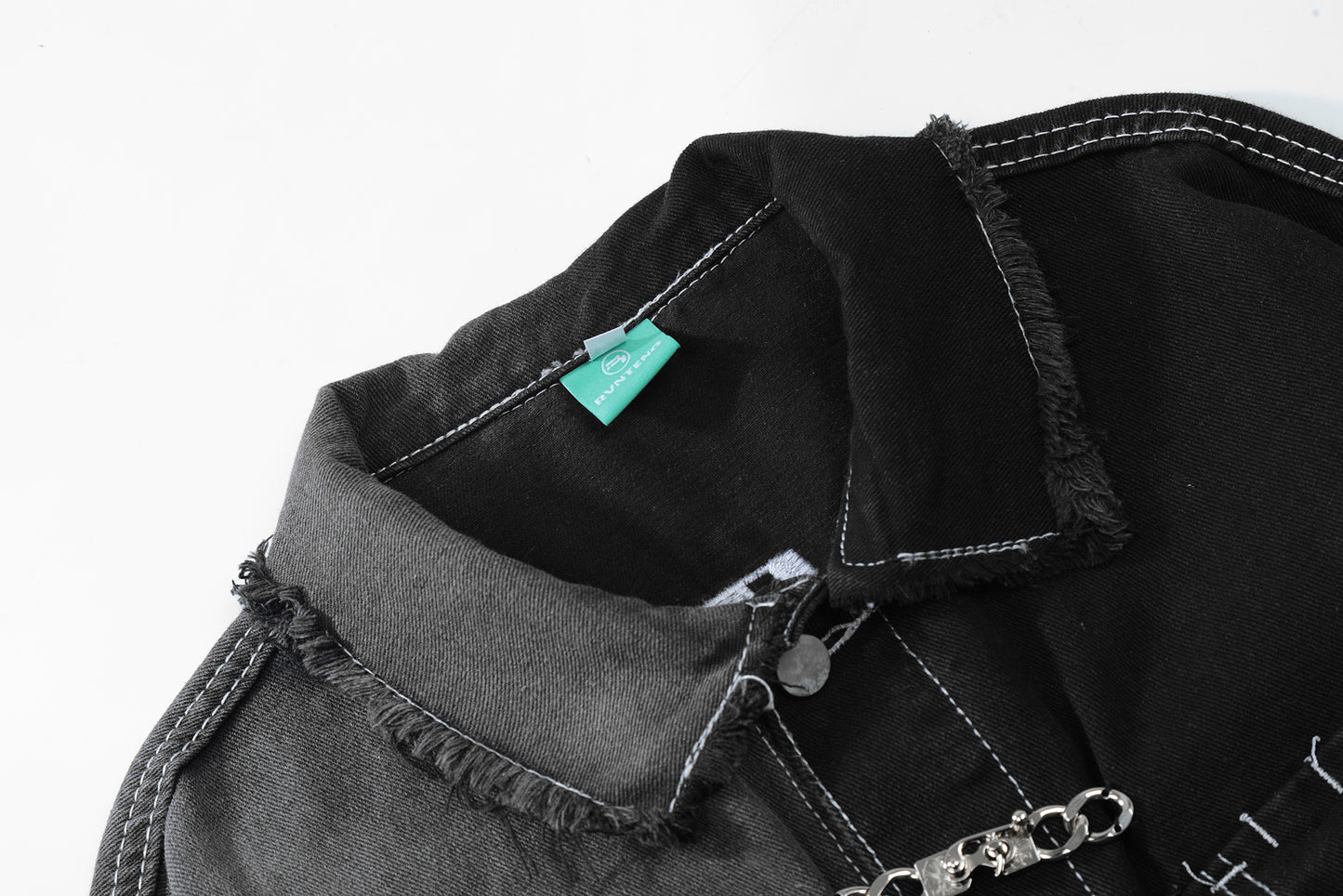 Oversized Two-Tone Denim Jacket Chain Detail Washed Vintage Streetwear Casual Fall Outerwear