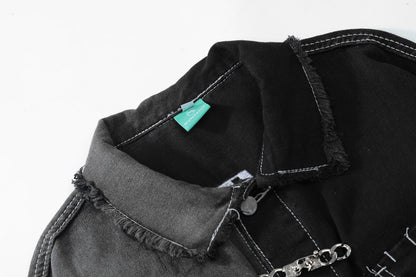 Oversized Two-Tone Denim Jacket Chain Detail Washed Vintage Streetwear Casual Fall Outerwear