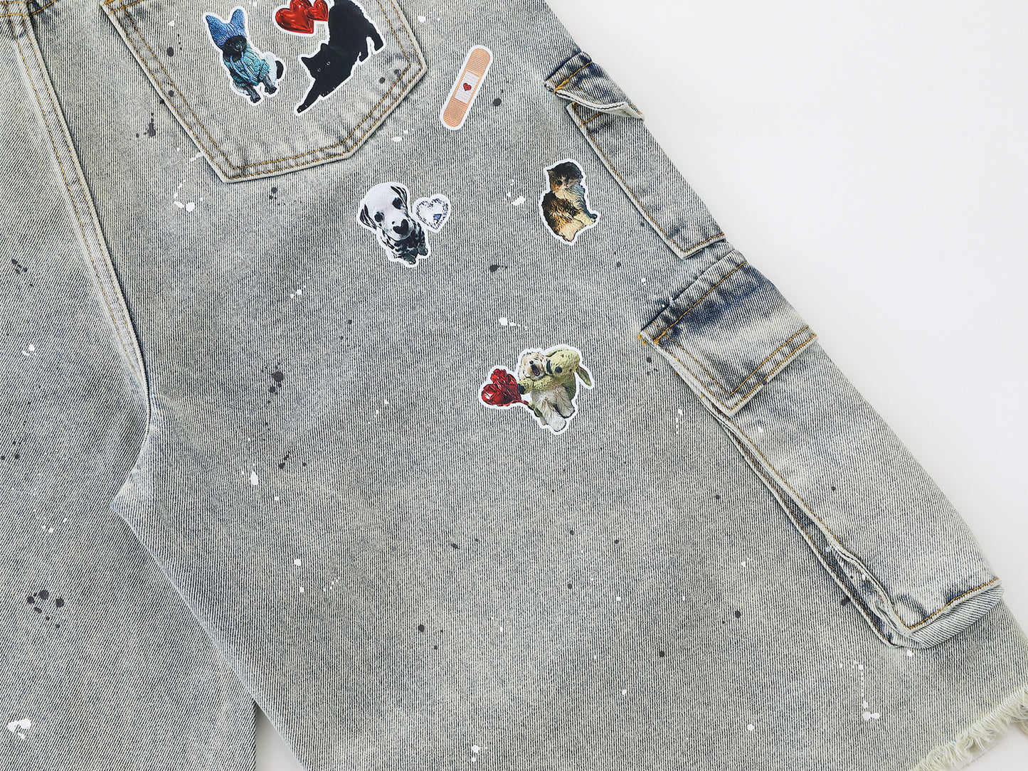 Dog Graphic Paint Splatter Cargo Denim Shorts Wide Leg High Waist Washed Multi-Pocket Streetwear Summer Casual Jean Shorts | Pup Cargo
