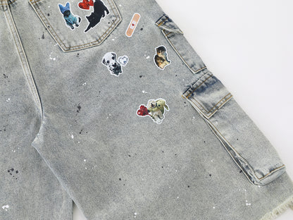 Dog Graphic Paint Splatter Cargo Denim Shorts Wide Leg High Waist Washed Multi-Pocket Streetwear Summer Casual Jean Shorts | Pup Cargo