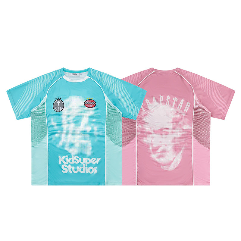 Turquoise Trapstar graphic football jersey with KidSuper Studios artwork and contrast striped panels - view 17