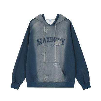 Butterfly Patch Embroidery Chain Drawstring Washed Hoodie Oversized Streetwear Y2K Grunge Casual Fall Winter Pullover Sweatshirt | Dusk Drift
