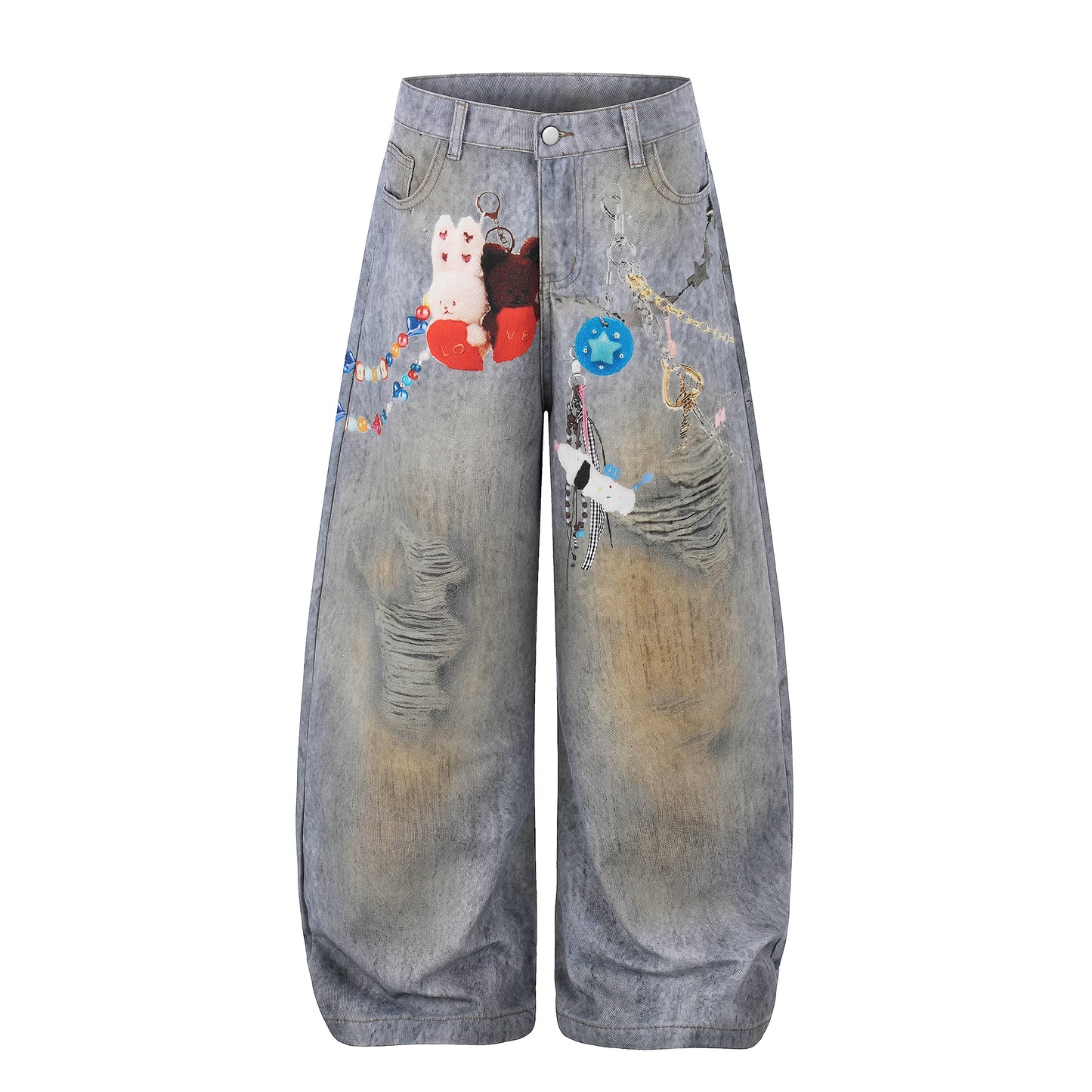 Women's Plush Doll Charm Chain Distressed Wide Leg Denim Jeans - Front Detail View