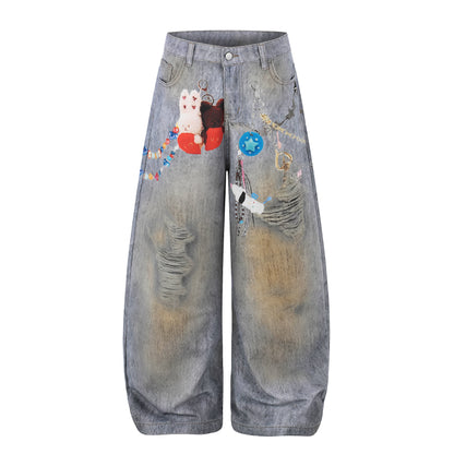 Women's Plush Doll Charm Chain Distressed Ripped Wide Leg Denim Jeans High Waist Beaded Y2K Streetwear Baggy Jeans