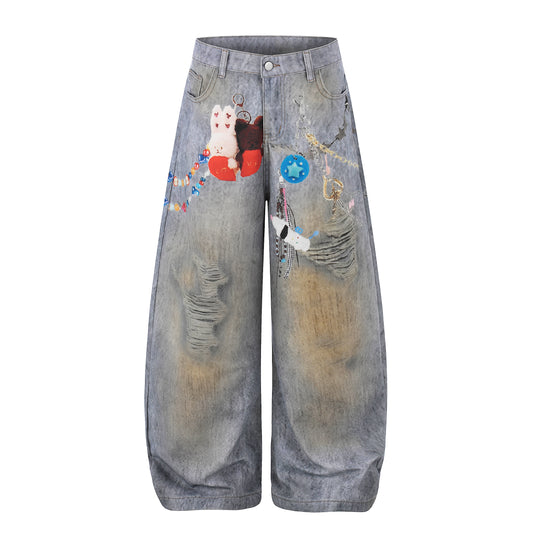 Women's Plush Doll Charm Chain Distressed Wide Leg Denim Jeans - Front Detail View