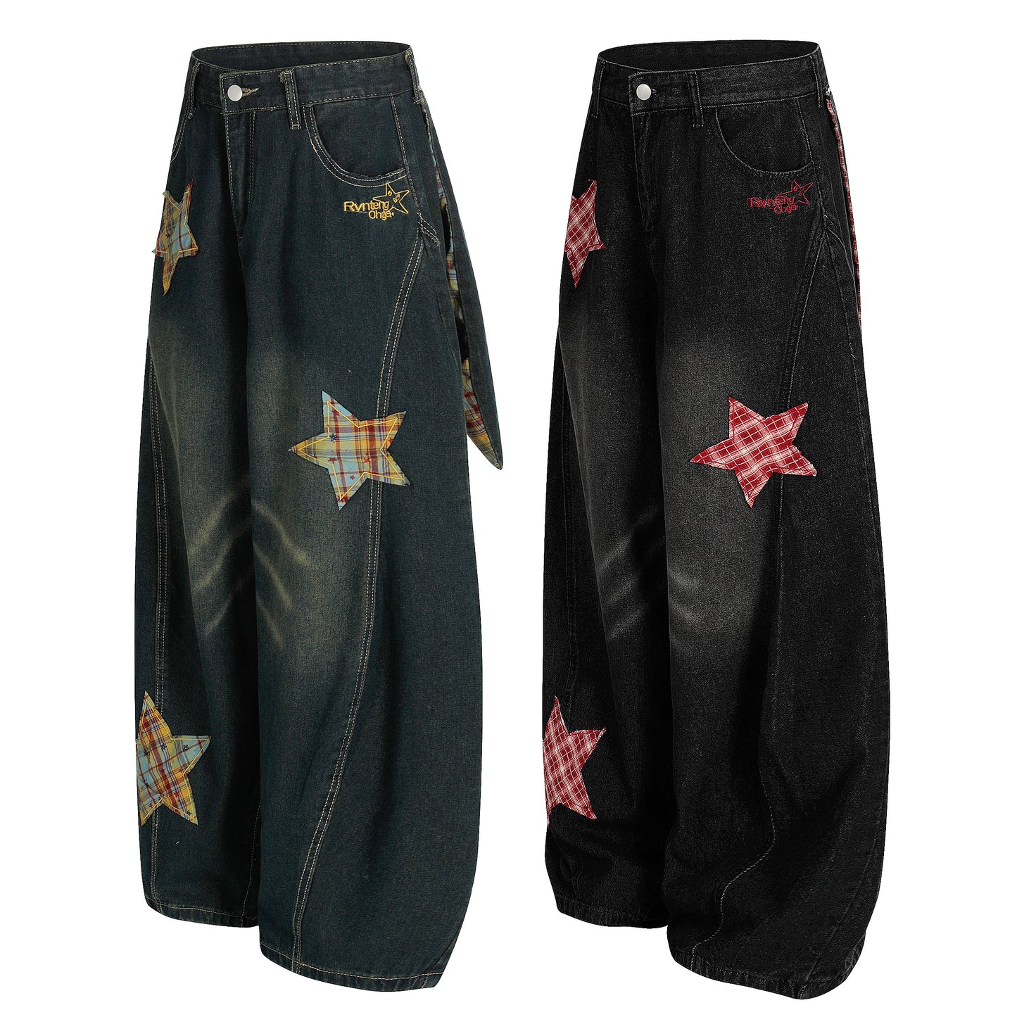 Women's Rvnteng Plaid Star Patch Balloon Wide Leg Denim Jeans - Black Back Panel Detail