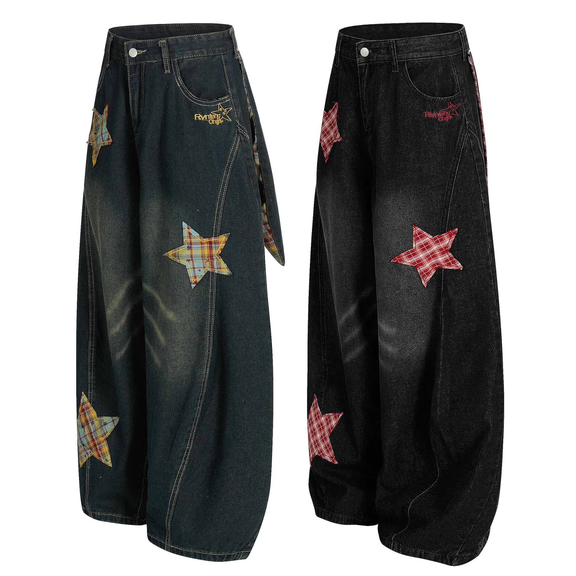 Women's Rvnteng Plaid Star Patch Balloon Wide Leg Denim Jeans - Black Back Panel Detail