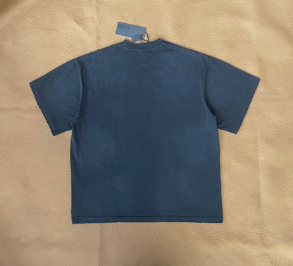 Satoshi Nakamoto Stack Letter Logo Tee Washed Navy 300g Heavy Cracked Print Distressed Raw Hem Streetwear Short Sleeve | Stack Reality Tee