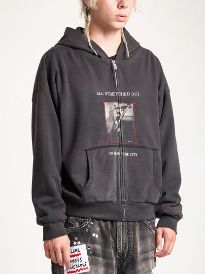 Stretched Out Thermal Lined Zip Up Hoodie - Washed Black