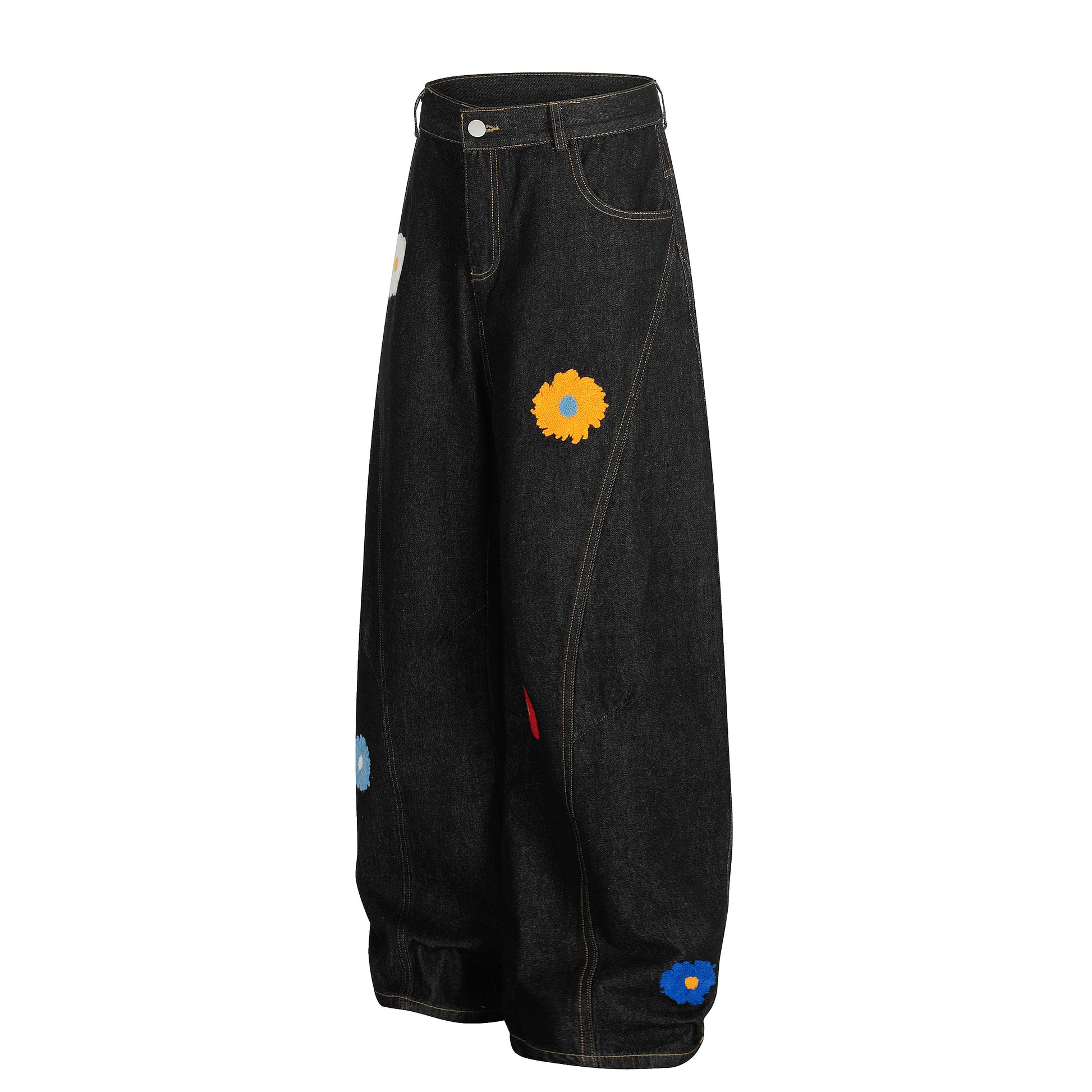 Women's Multicolor Daisy Floral Embroidery Balloon Wide Leg Denim Jeans - Blue Front View 2