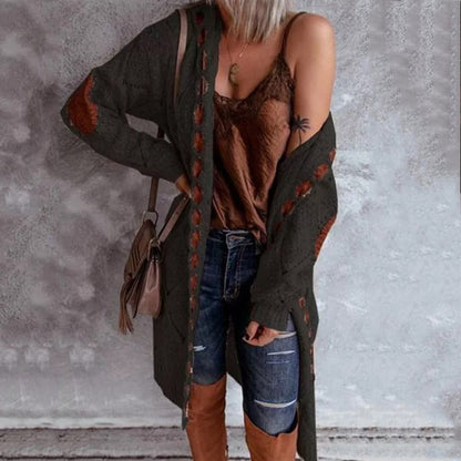 Autumn  Winter  Casual Patchwork Hooded Color Matching Sweater  Long Cardigan Sweater Coat for Women