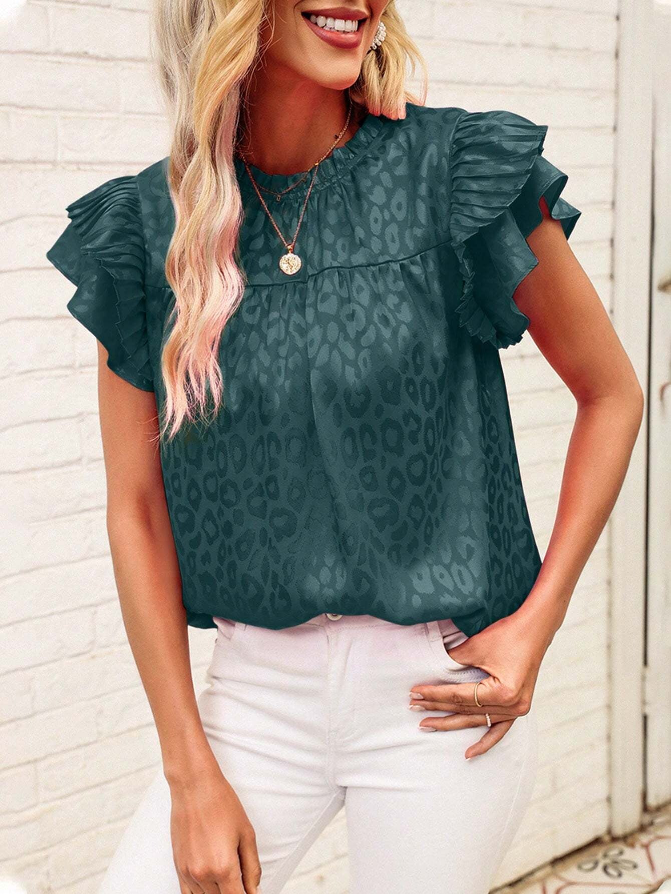 Women's summer new fashion all-matching printing lotus leaf sleeves wave collar women's blouse