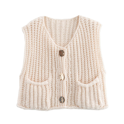 Three-Button Sweater Vest for Women New Solid Color Large Pocket Sleeveless Knitted Short Cardigan Vest