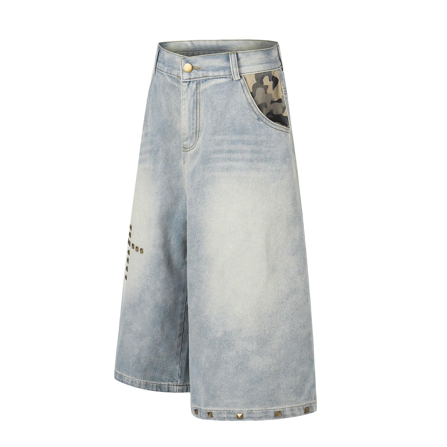 Women's Cross Rivet Camo Patch Wide Leg Denim Shorts - Blue Back View