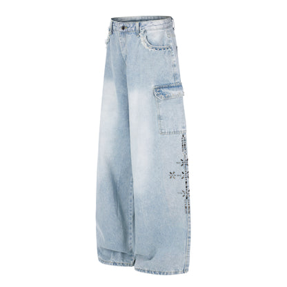 Women's Lace Trim Rhinestone Floral Cargo Wide Leg Jeans High Waist Light Wash Casual Streetwear Denim Pants