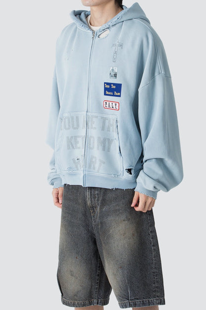 Paly Hollywood You Are The Key Zip Hoodie Washed Gradient Distressed Heavyweight Cotton Oversized Zip-Up Streetwear Sweatshirt | Key Heart