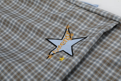 Women's Star Patch Embroidery Plaid Ruched Drawstring Waistband Wide Leg Pants High Waist Y2K Streetwear Trousers