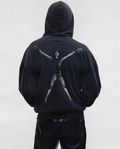 Stretched Out Thermal Lined Zip Up Hoodie - Washed Black