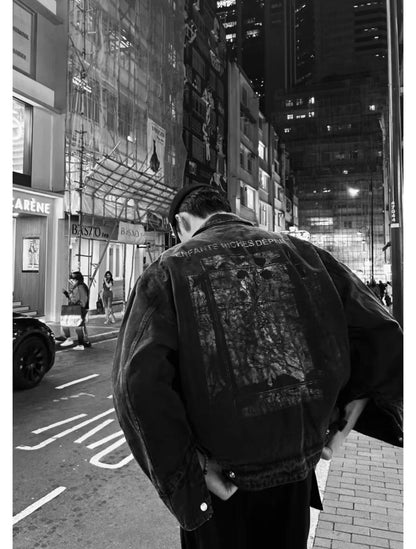 ERD Detroit Canvas Jacket Oversized Washed Denim Collar Zip Up Streetwear Coat Unisex Heavy Distressed | ERD Detroit