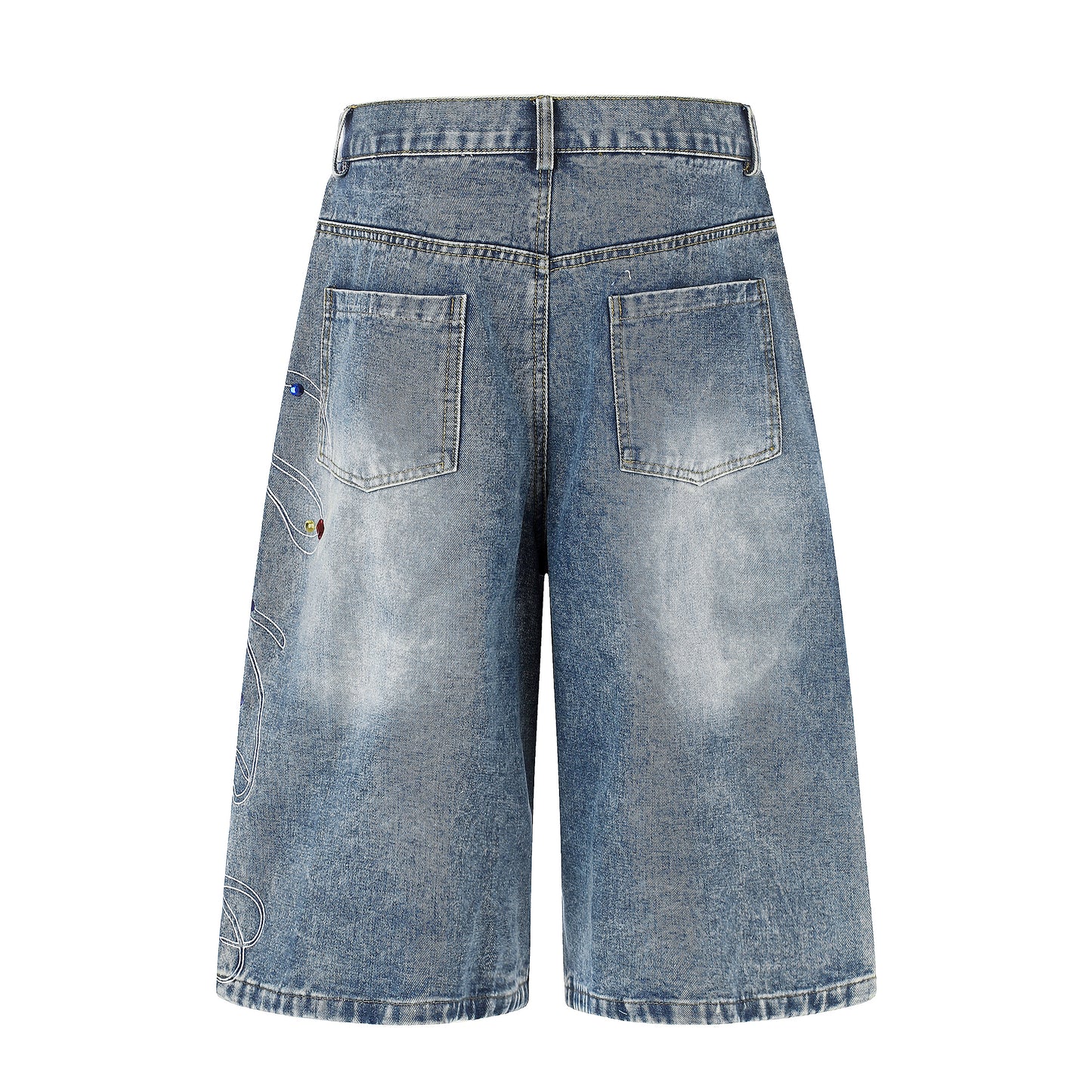 Women's Script Embroidery Rhinestone Wide Leg Denim Shorts High Waist Washed Casual Streetwear Jean Shorts