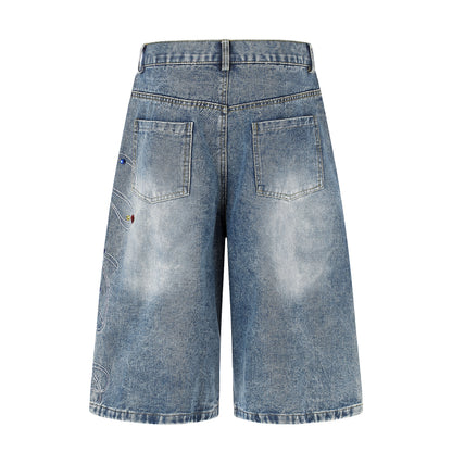 Women's Script Embroidery Rhinestone Wide Leg Denim Shorts High Waist Washed Casual Streetwear Jean Shorts