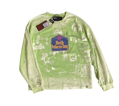 Paly Hollywood Bethlehem Inn Graffiti Long Sleeve Tee Washed Mint Green Vintage Distressed Streetwear | Mint Grunge