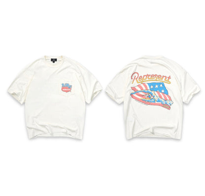 Represent Nothing Faster Boxy Graphic Tee Washed Heavyweight Pocket Surfer American Flag Print Vintage Streetwear T-Shirt | Wave Flag