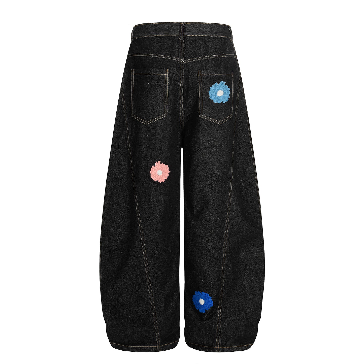 Women's Multicolor Daisy Floral Embroidery Balloon Wide Leg Denim Jeans - Blue & Black Side View 2