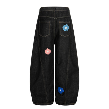Women's Multicolor Daisy Floral Embroidery Balloon Wide Leg Denim Jeans High Waist Y2K Streetwear Baggy Jean Pants