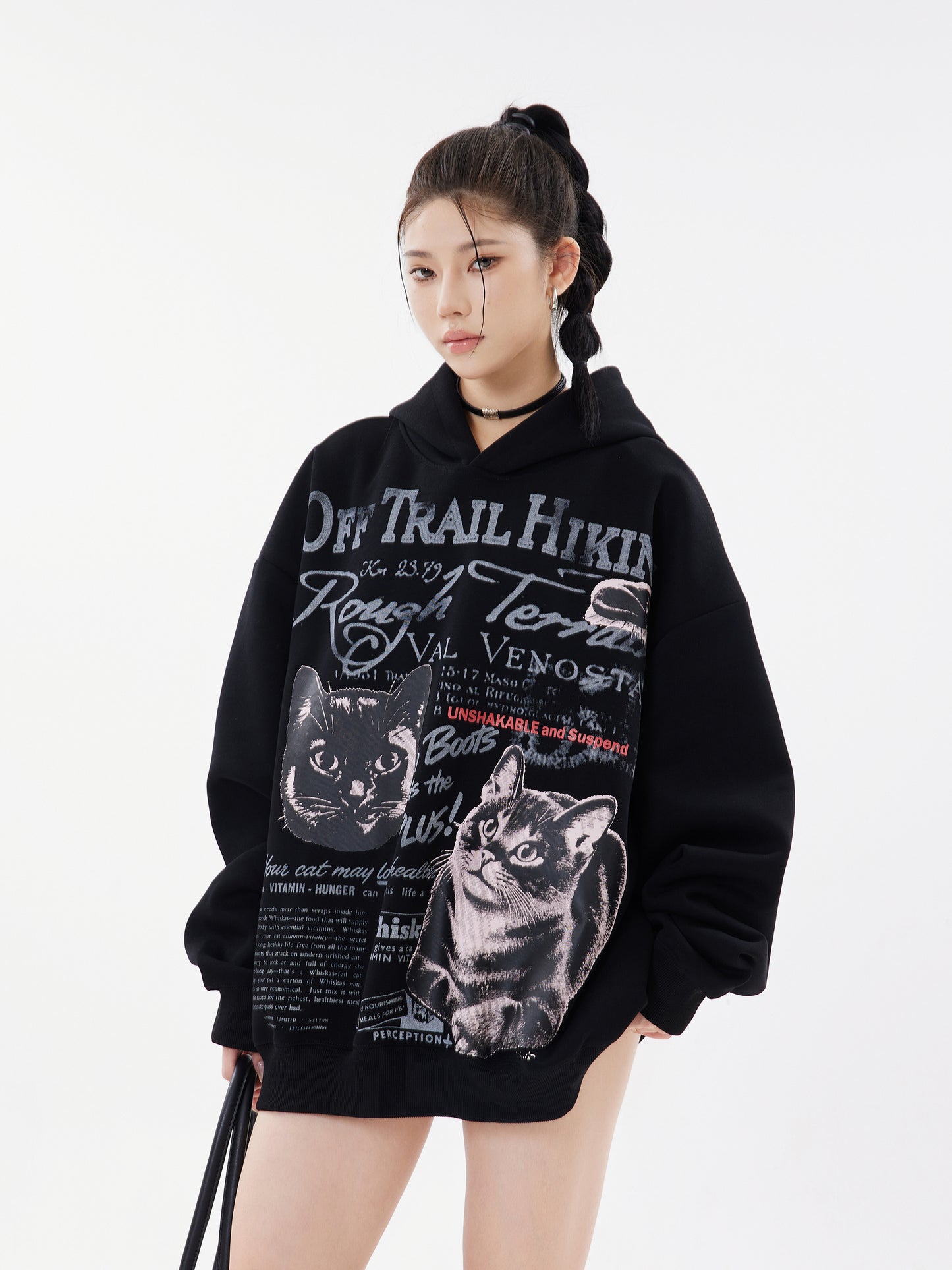 Off Trail Hiking Rough Terrain Dual Cat Newspaper Graphic Oversized Hoodie Streetwear Y2K Sweatshirt