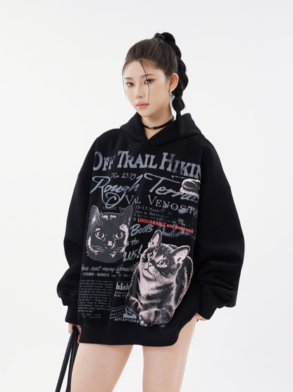 Off Trail Hiking Rough Terrain Dual Cat Newspaper Graphic Oversized Hoodie Streetwear Y2K Sweatshirt