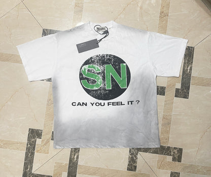 Satoshi Nakamoto SN Circle Logo Can You Feel It Tee Off-White 280g Washed Distressed Torn Collar Raw Edge Streetwear | SN Feel It Tee