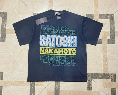 Satoshi Nakamoto Stack Letter Logo Tee Washed Navy 300g Heavy Cracked Print Distressed Raw Hem Streetwear Short Sleeve | Stack Reality Tee
