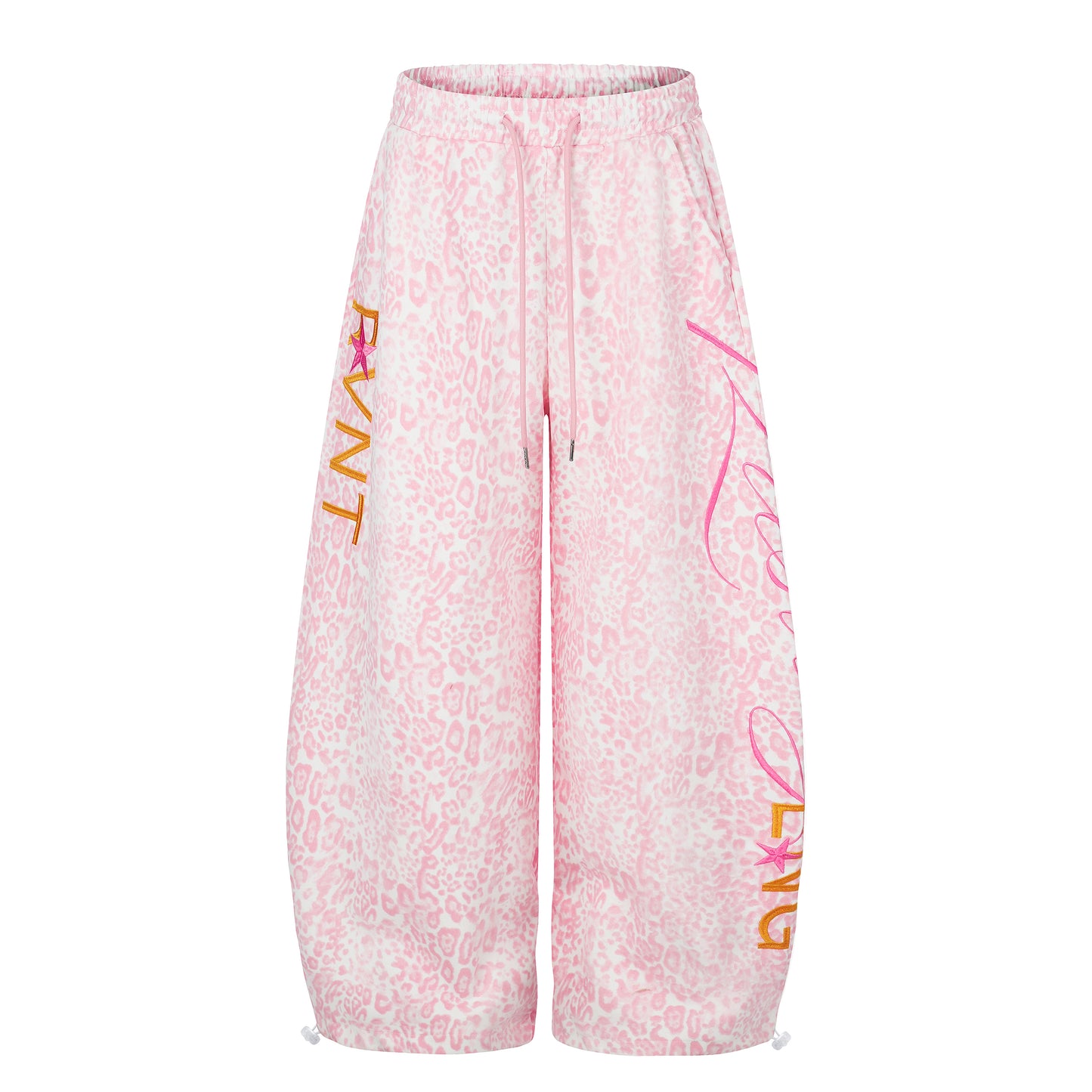Women's Pink Leopard Print Letter Embroidery Drawstring Wide Leg Pants High Waist Elastic Waist Casual Streetwear Trousers