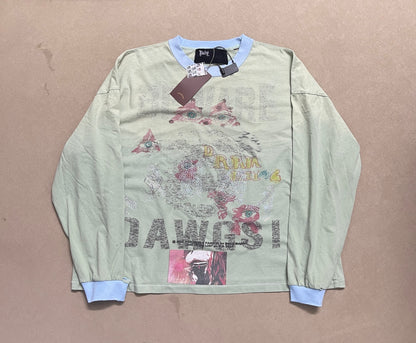 Paly Hollywood JAWCS Linen Cotton Long Sleeve Ringer Tee Sage Green Distressed Rhinestone Print Vintage Streetwear | Jawcs Sage