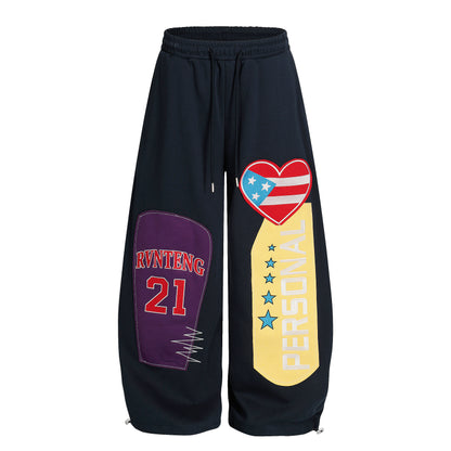 Women's RVNTENG 21 American Flag Heart Patch Embroidery Balloon Wide Leg Sweatpants Elastic Waist Drawstring Y2K Streetwear Jogger Pants
