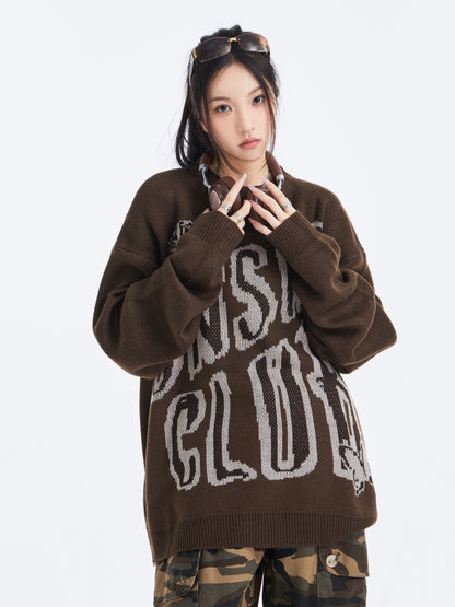 UNS Club Rose Gothic Letter Jacquard Oversized Crew Neck Sweater Streetwear Y2K Knit Pullover