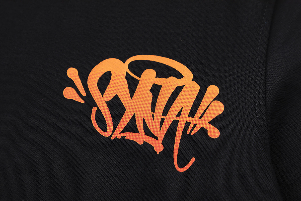 Black SATTAK unisex crew neck T-shirt with orange chest and large back graphic - view 18