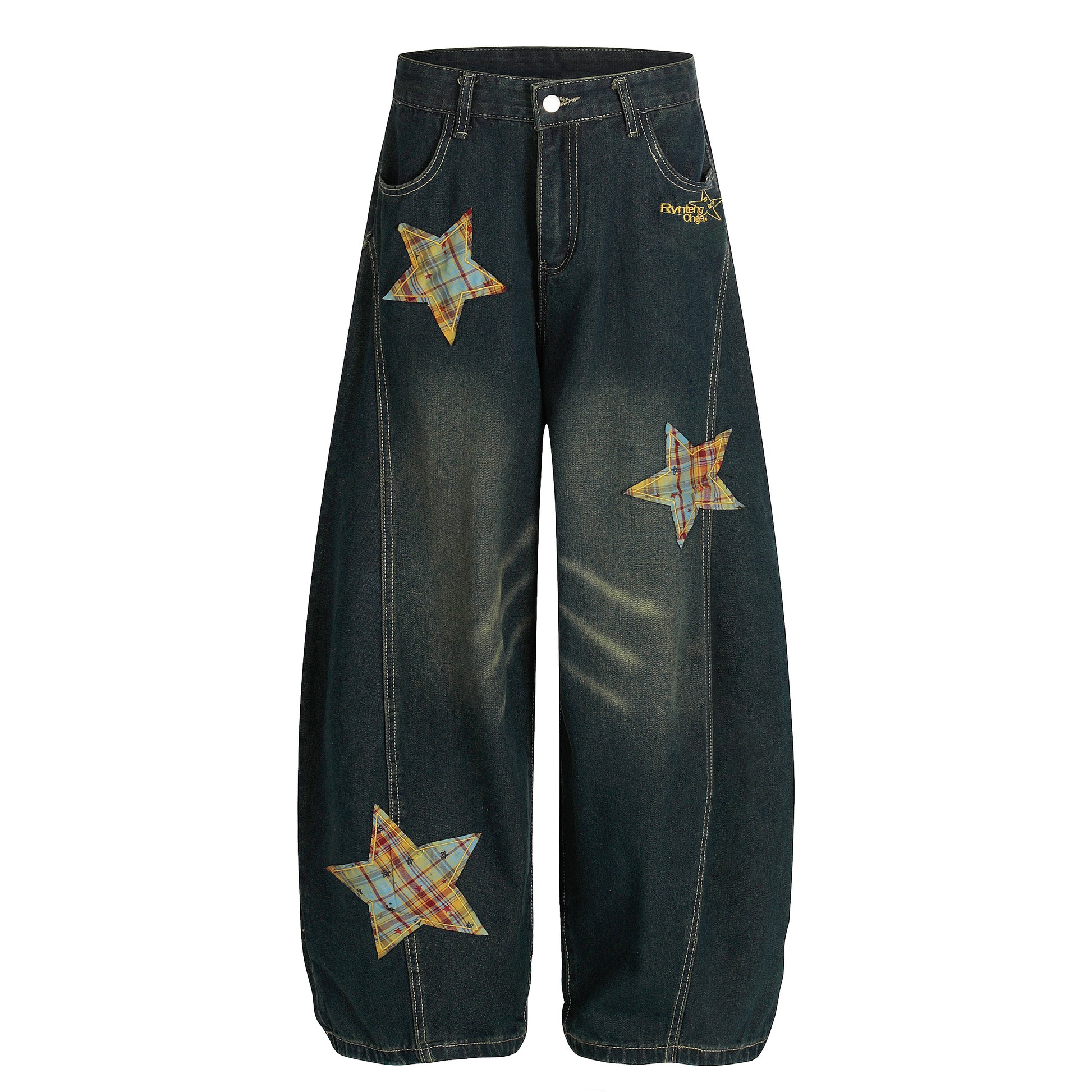 Women's Rvnteng Plaid Star Patch Balloon Wide Leg Denim Jeans - Black Front View 2