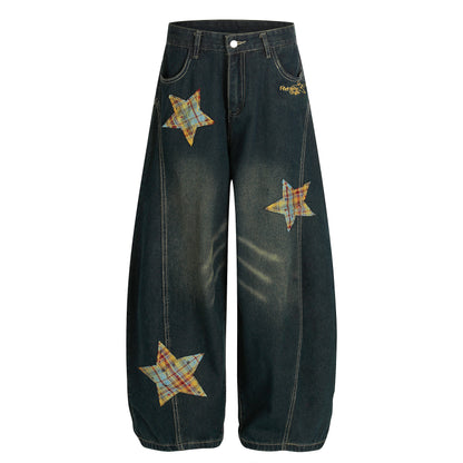 Women's Rvnteng Plaid Star Applique Patch Balloon Wide Leg Denim Jeans High Waist Vintage Wash Y2K Streetwear Baggy Jean Pants