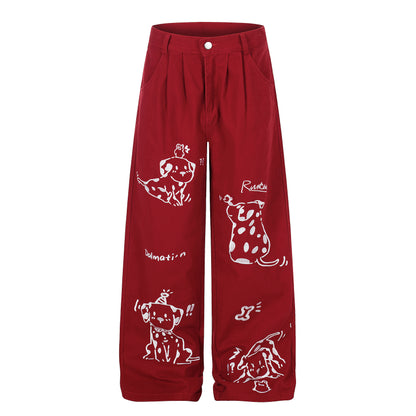 Women's Dalmatian Dog Print High Waist Wide Leg Pants Pleated Front Pocket Casual Streetwear Trousers